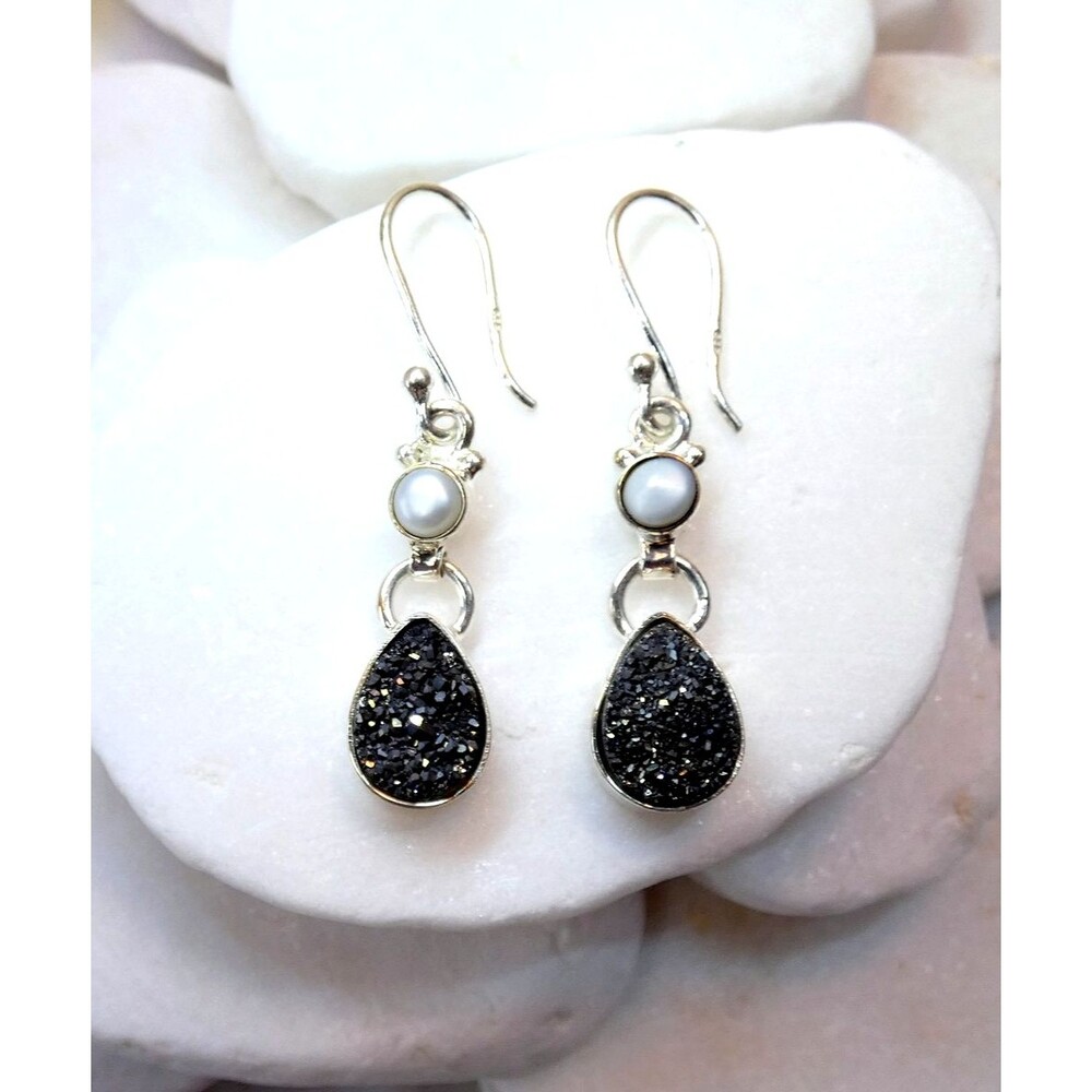 Sparkling Black Druzy Fresh Water Pearl Sterling Silver Earrings